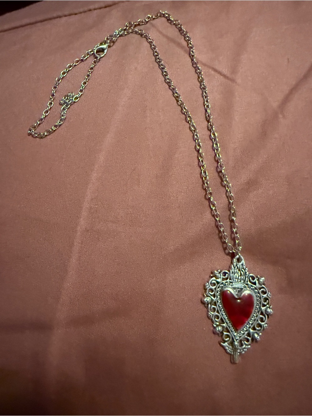 Silver Filigree Heart Pendant Necklace with Red Enamel
